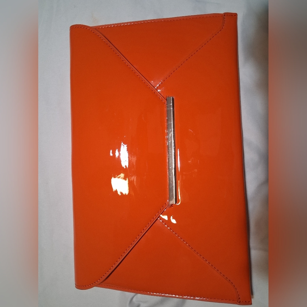 JNB Orange Faux Patent Leather Envelope Candy Clutch Bag High Gloss Modern
